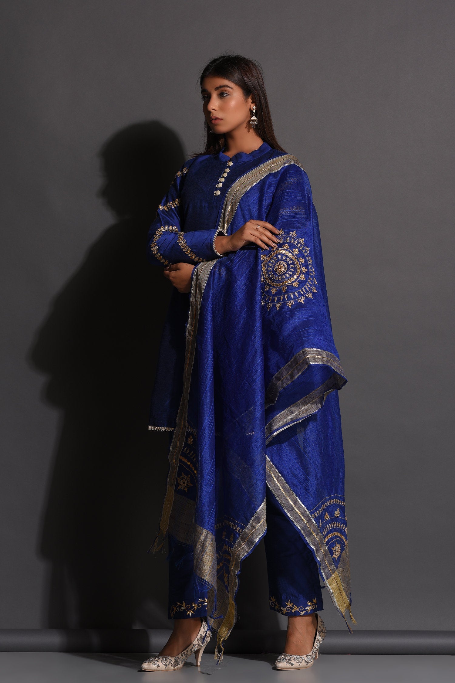 Blue Cotton Silk Gota Patti Suit Set With Dupatta