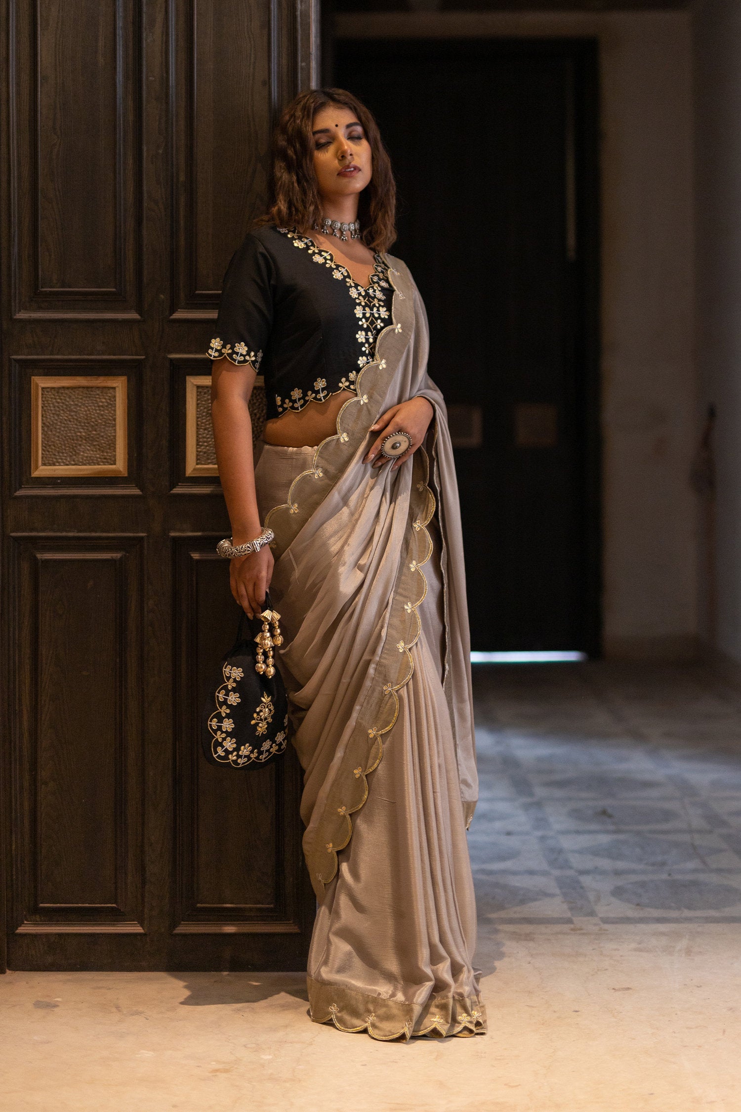 Beige Gota Patti Chinon Saree With Black Cotton Silk Blouse