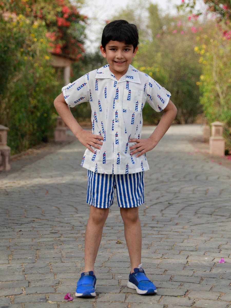 Blue Lighthouse Organic Cotton Block Printed Shirt