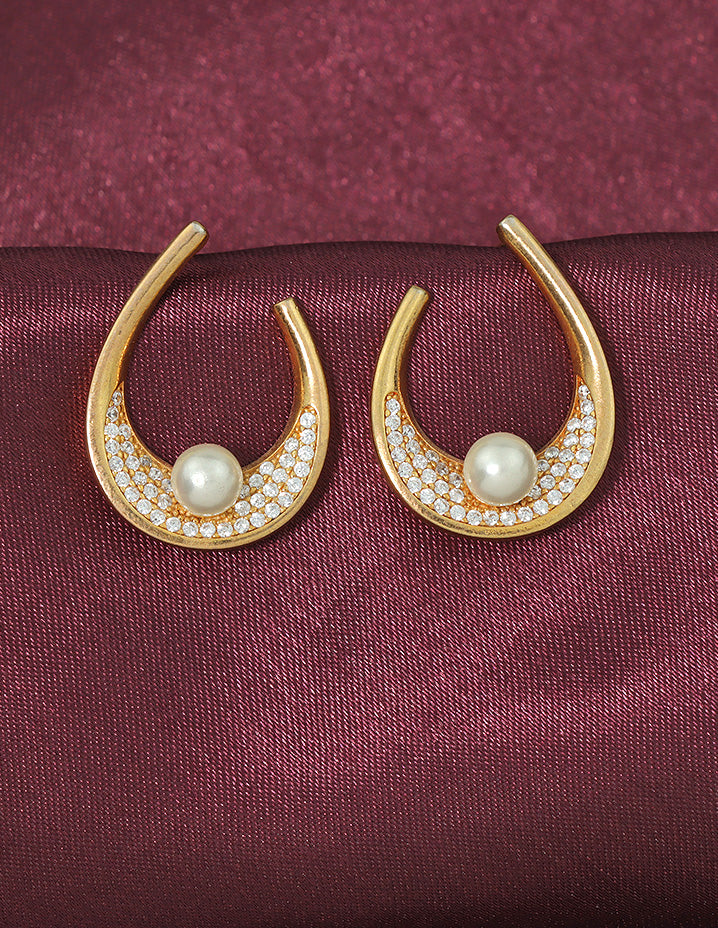 Designer Crescent Pearl Sparkle Stud Earrings