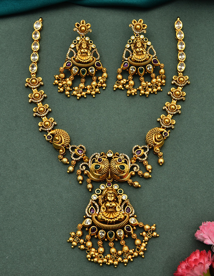 Designer Matt Lakshmi Devi Peacock Necklace Set With Gold Balls