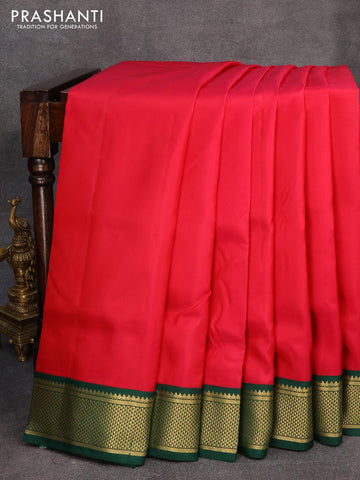 10 yards silk saree pink and dark green with plain body and zari woven korvai border without blouse