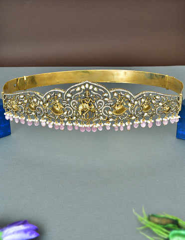 Zirconia Victorian RadhaKrishna Belt Vaddanam With Baby Pink Beads