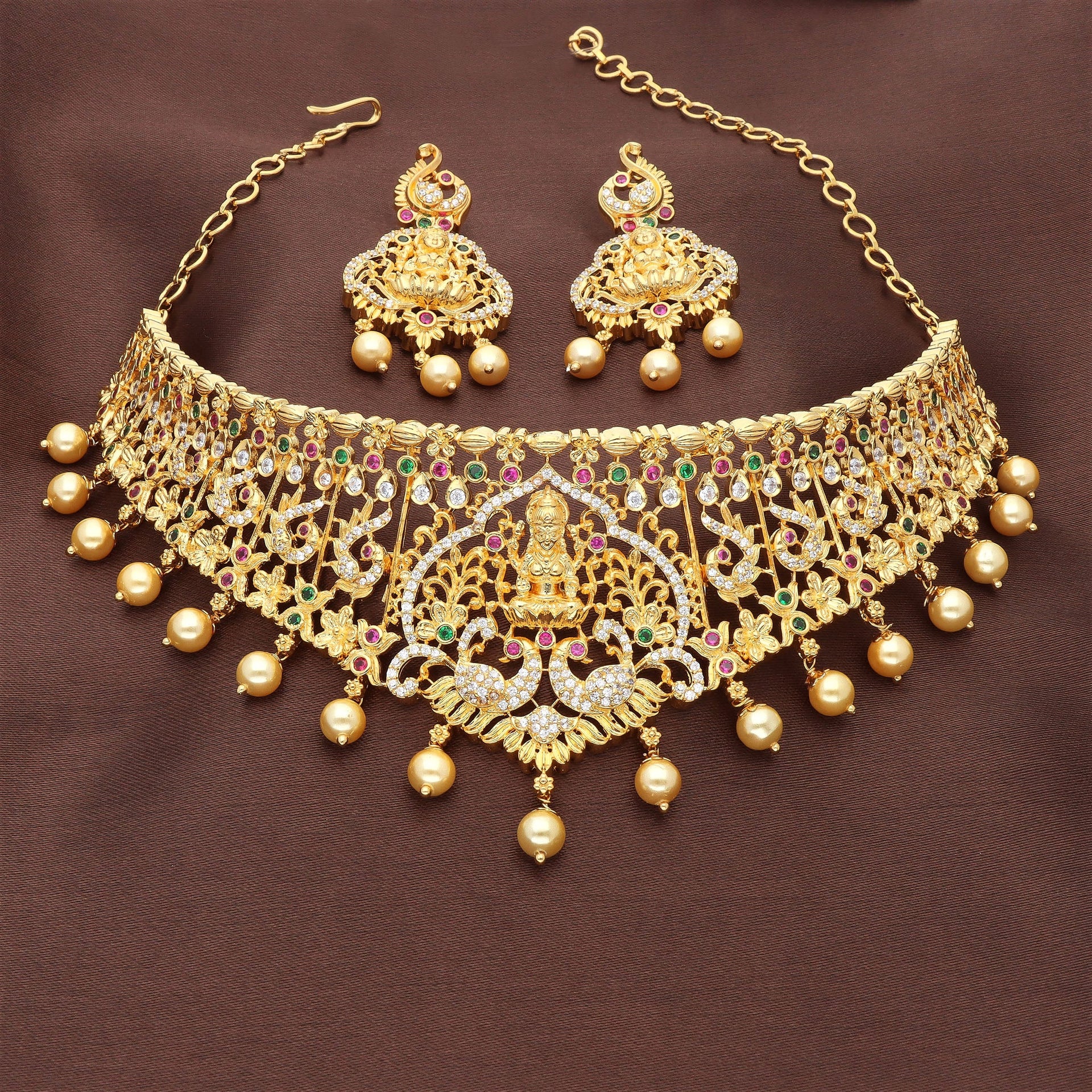 Zirconia Gold Lakshmi Devi Choker Set