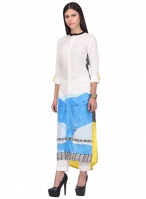 White Printed 3/4 Sleeve kurta