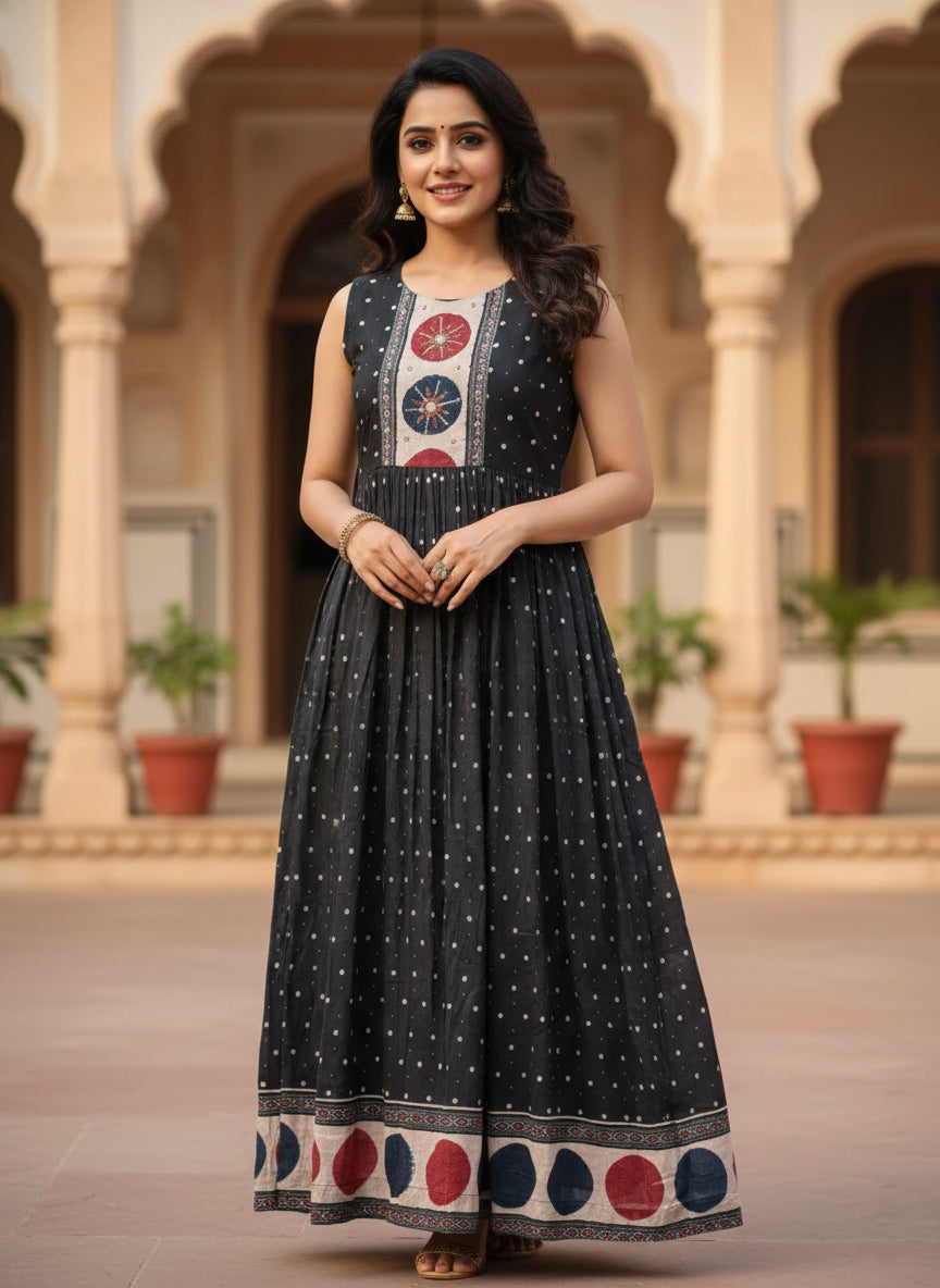 Black Georgette Printed Long Dress
