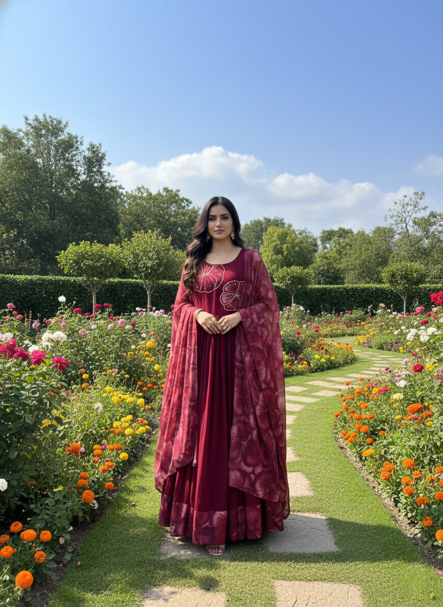 Maroon Georgette Floral Printed Long Dress