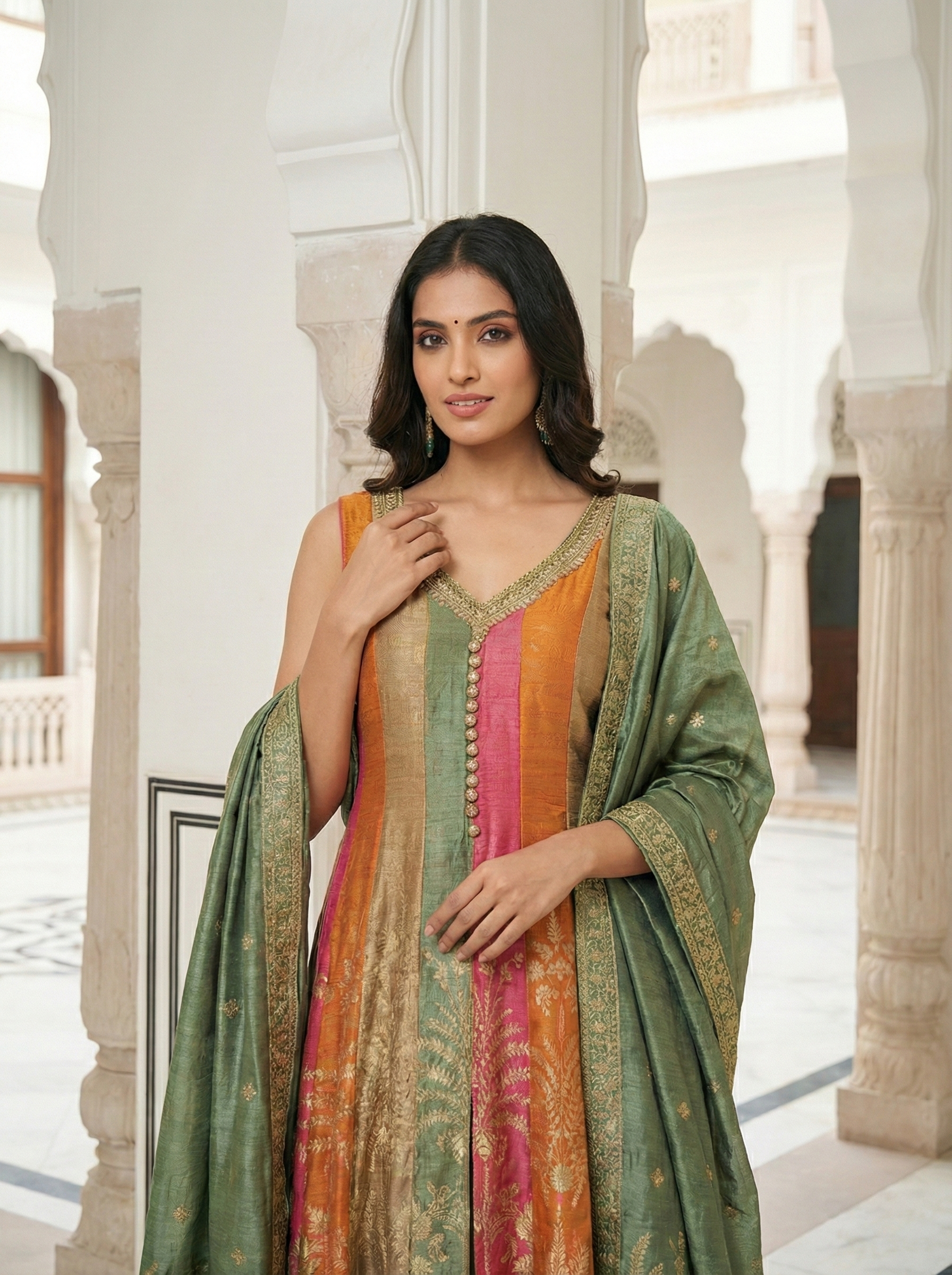 Green Silk Embroidered Anarkali Set