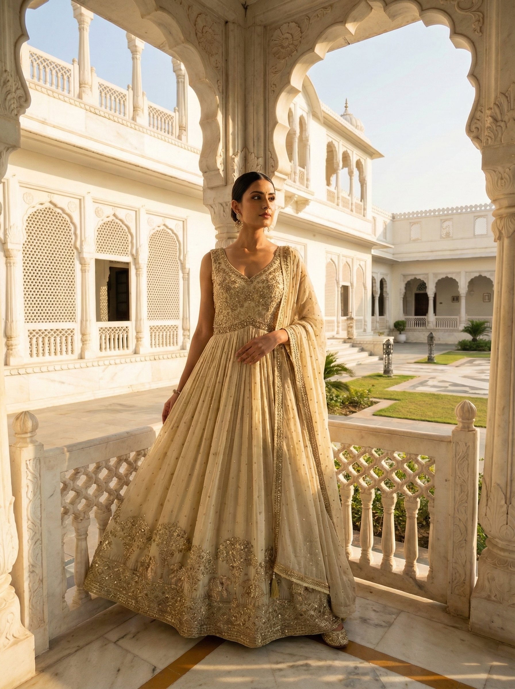 Beige Tissue Heavy Zari Embroidered Anarkali Set