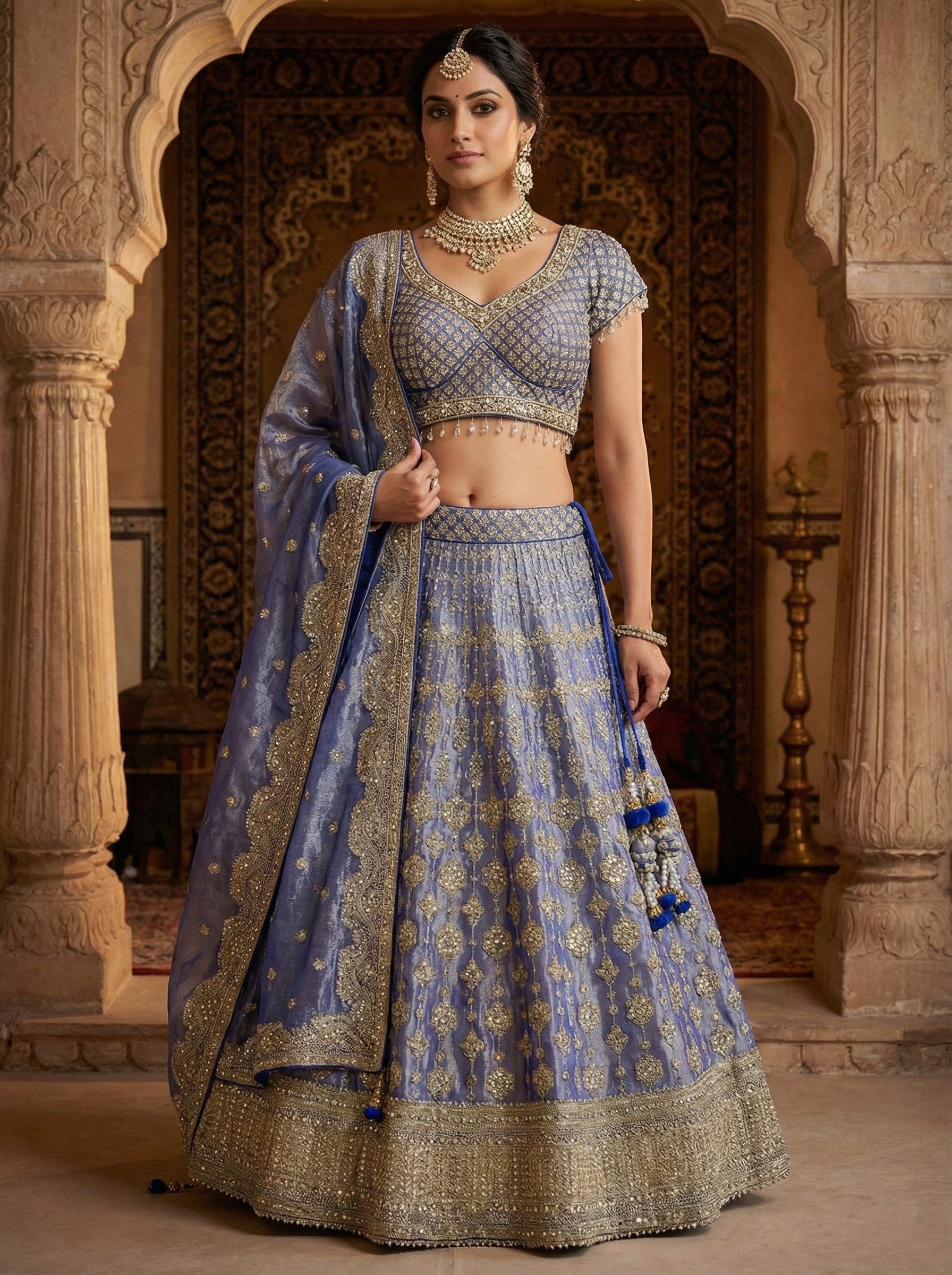 Blue Tissue Hand Embroidery Ghagra Set