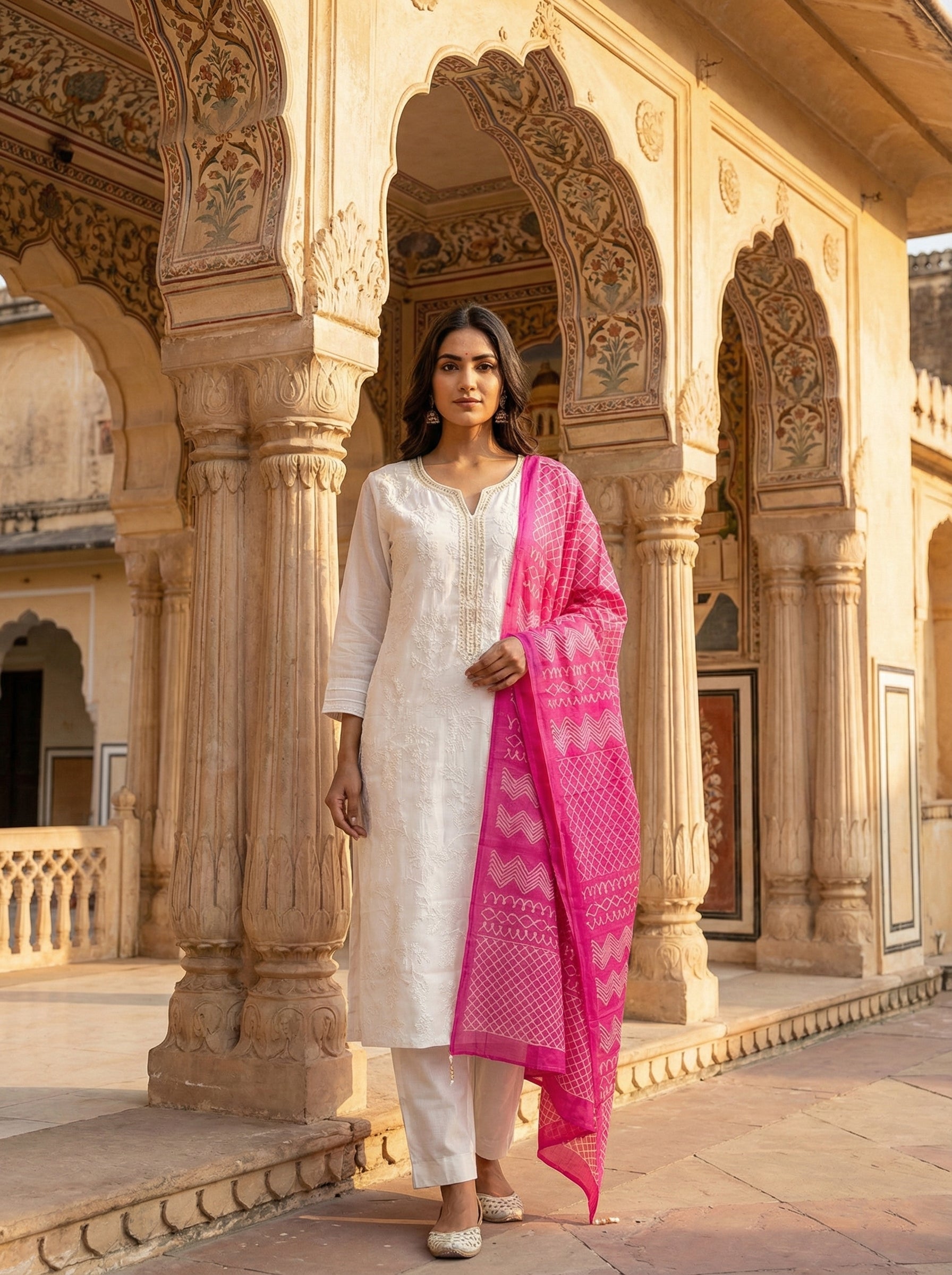 Cream Silk Hand Embroidery Three Piece Set