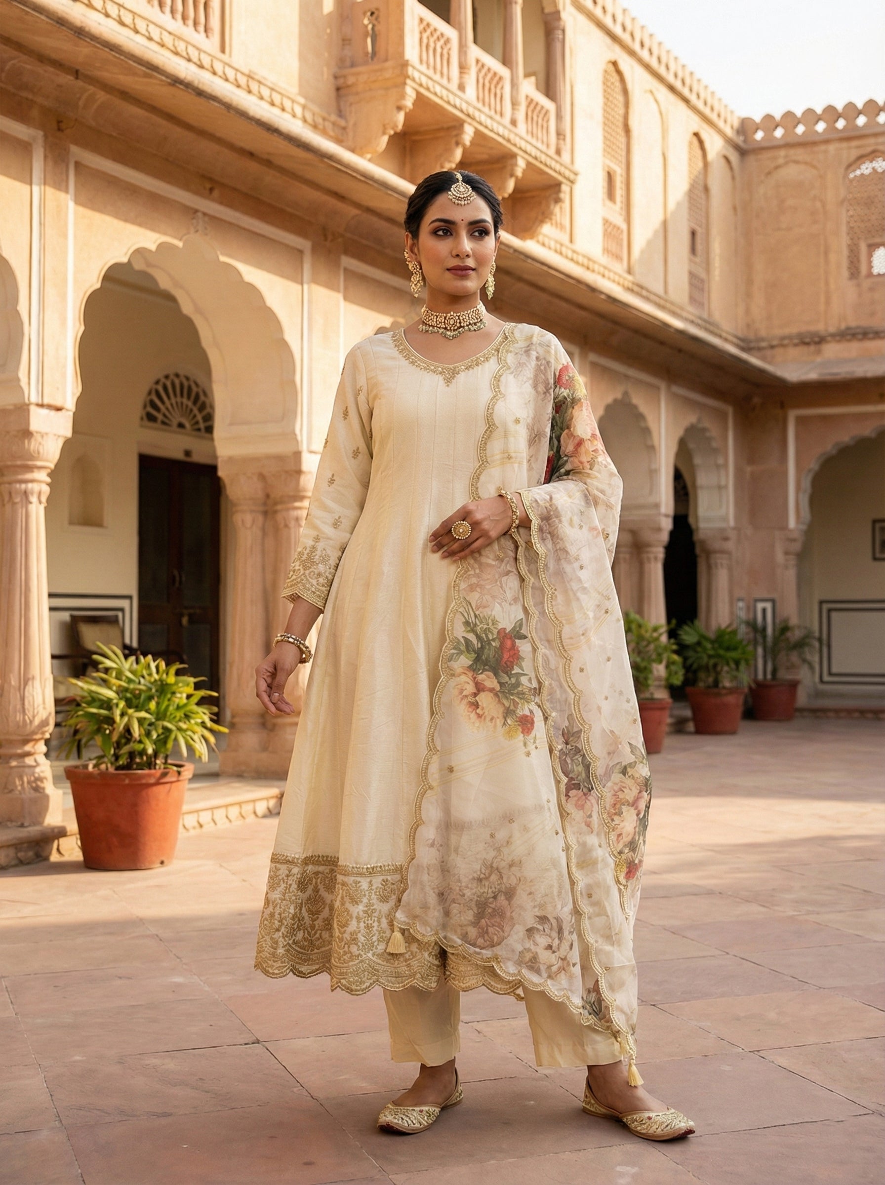 Cream Silk Digital Printed Three Piece Set