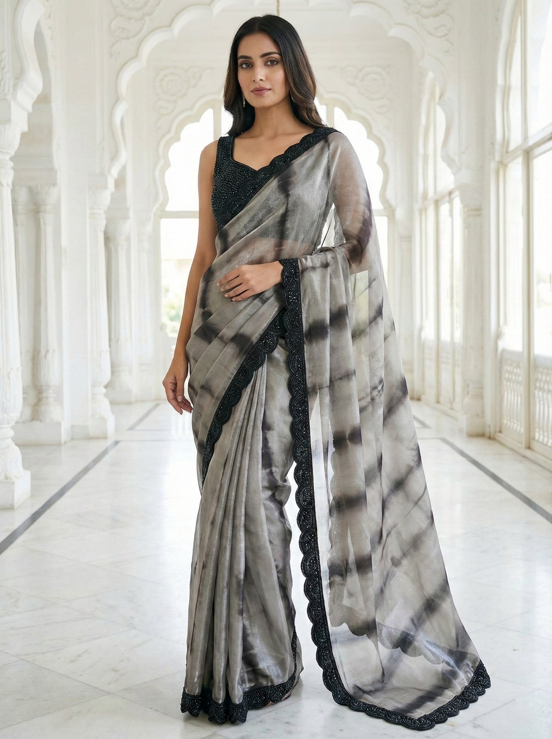 Grey Satin Digital Print Saree With Readymade Blouse