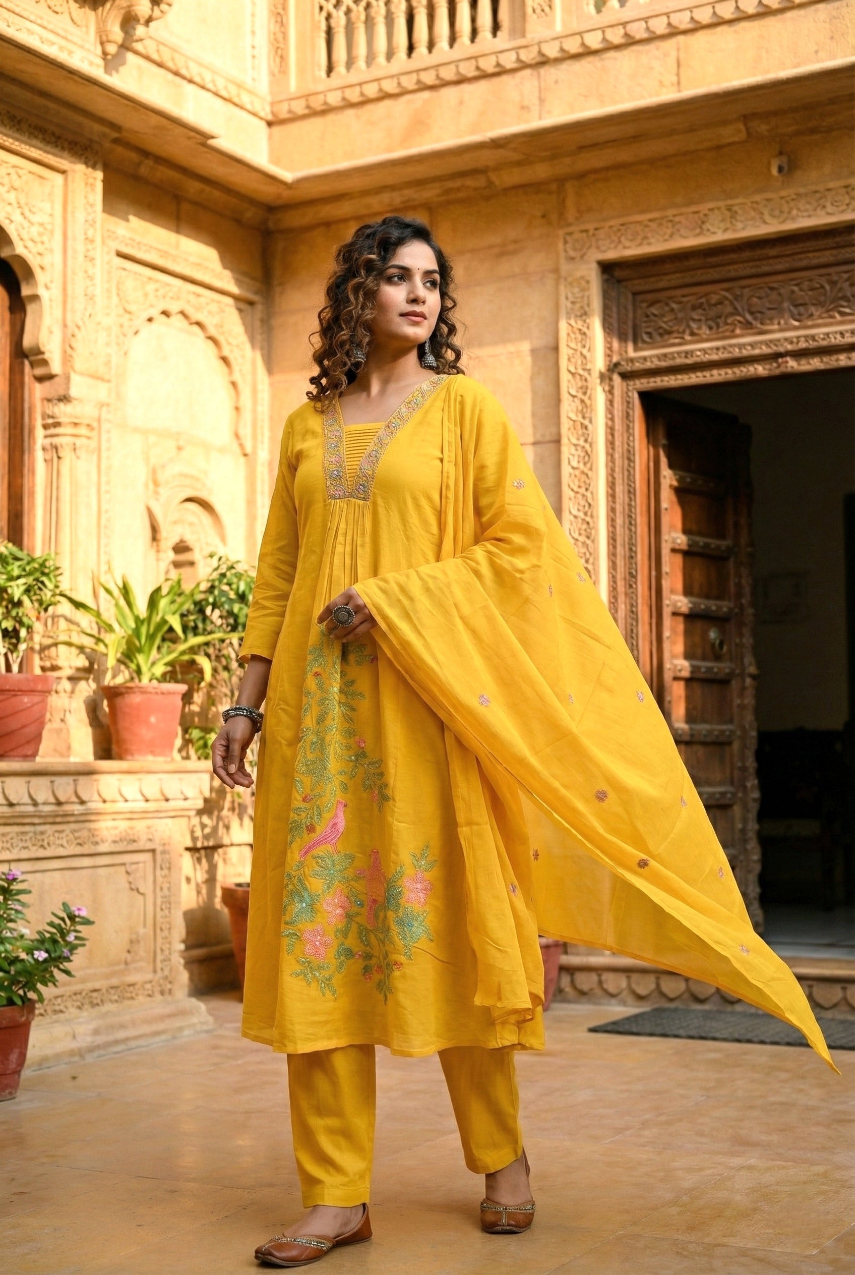 Mustard Cotton Sequins And Hand Embroidered Three Piece Set