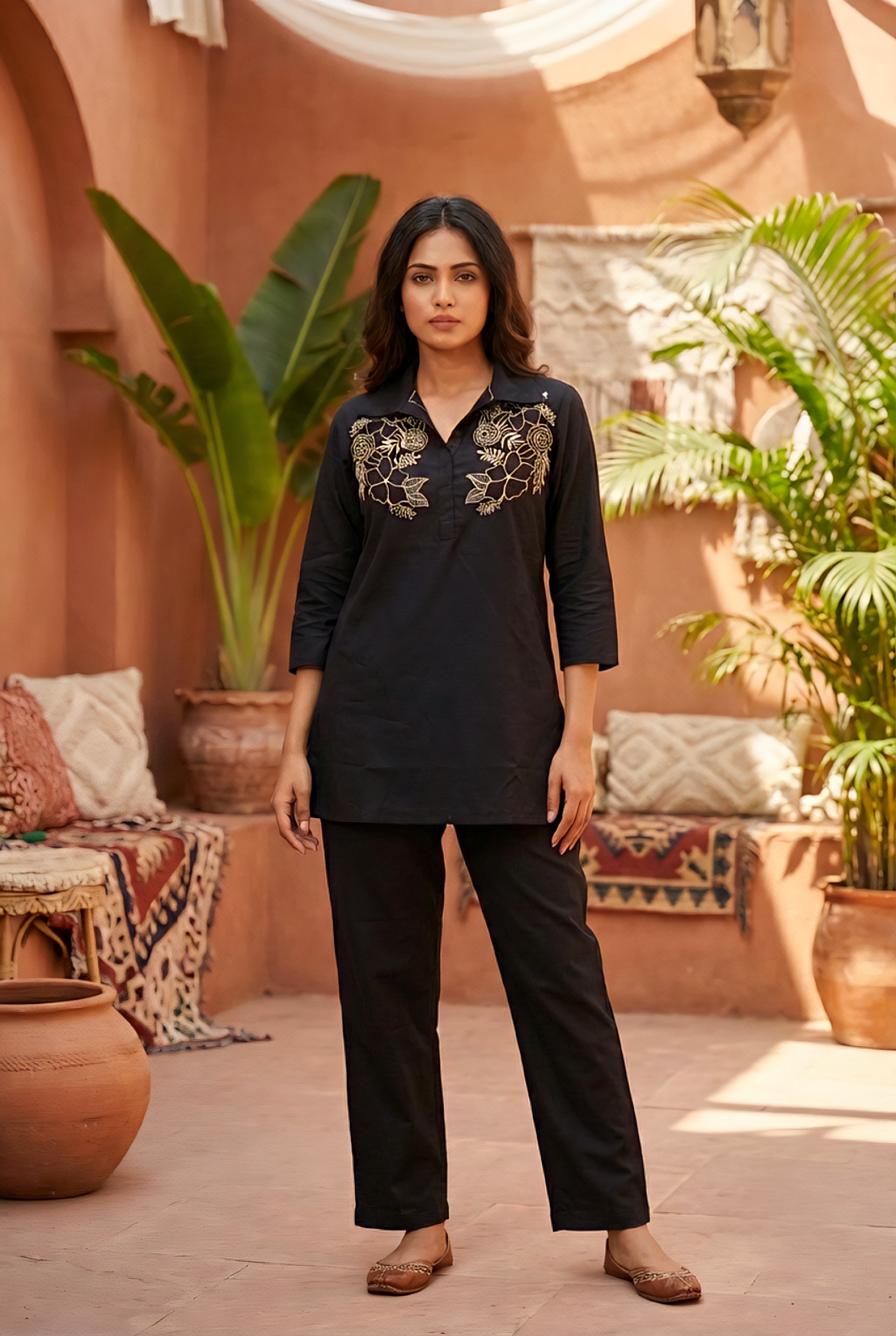 Black Cotton Floral Hand Embroidery Coord Set