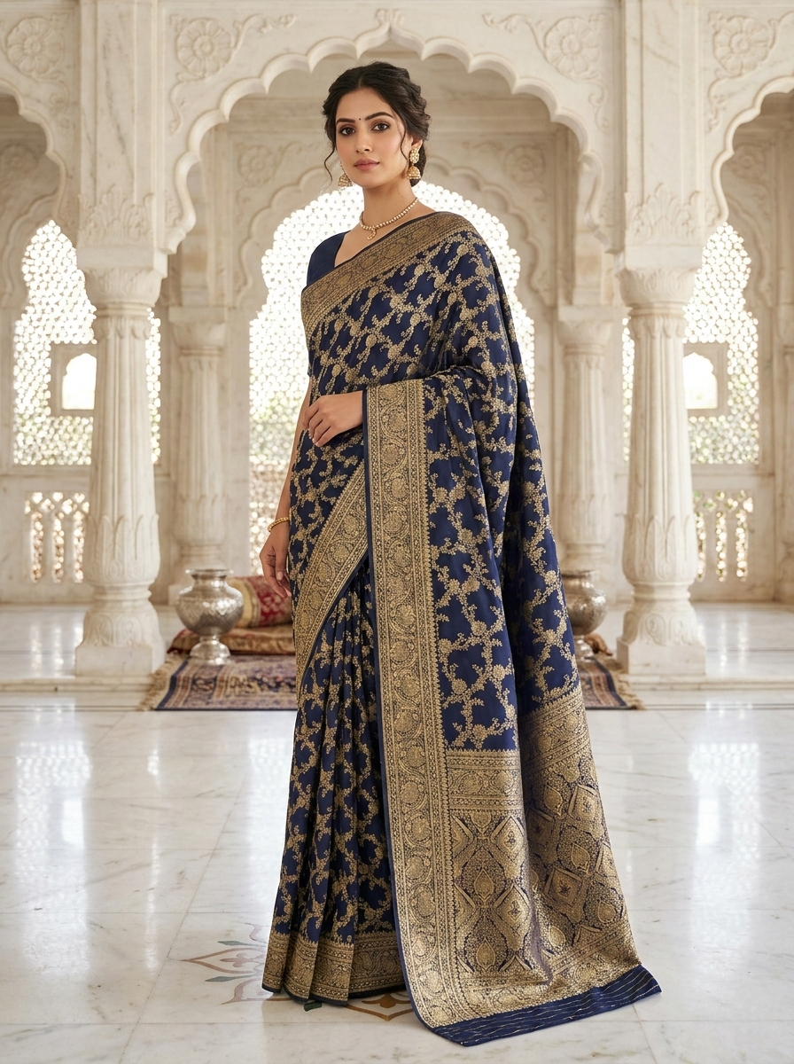 Navy Blue Banaras Floral Pattu Saree