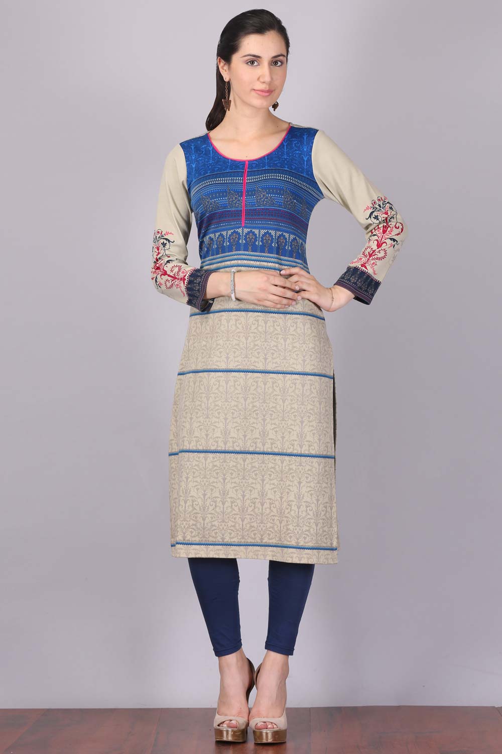 Blue & Beige Printed Round Neck kurta