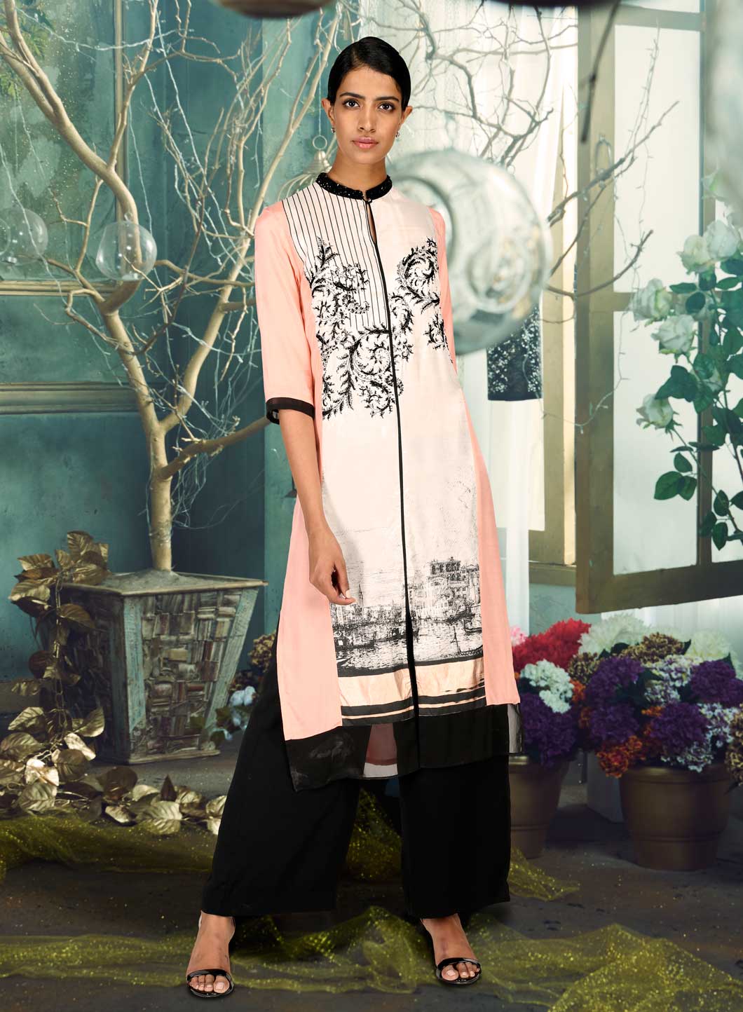 Peach Mandarin Neck Printed kurta