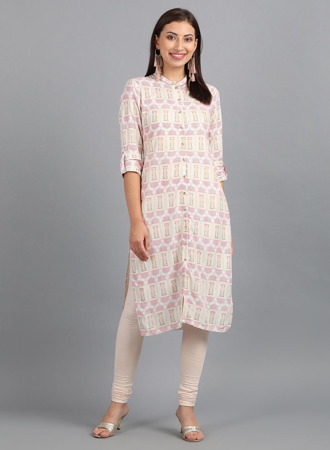 White Mandarin Neck Printed kurta