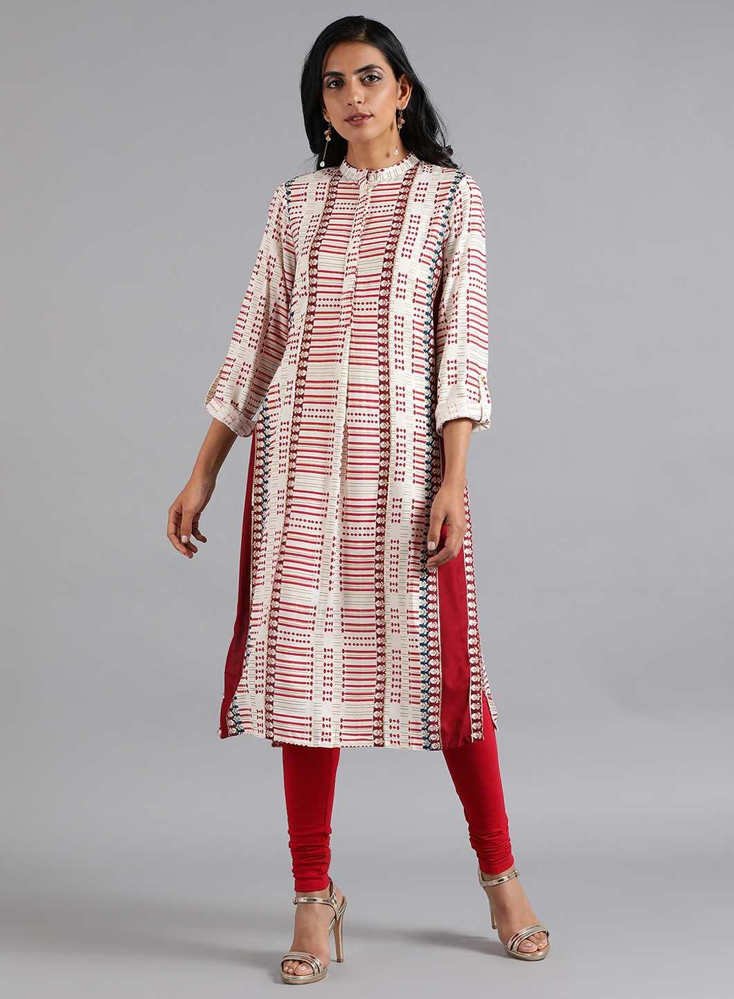 White & Red Mandarin Neck Printed kurta