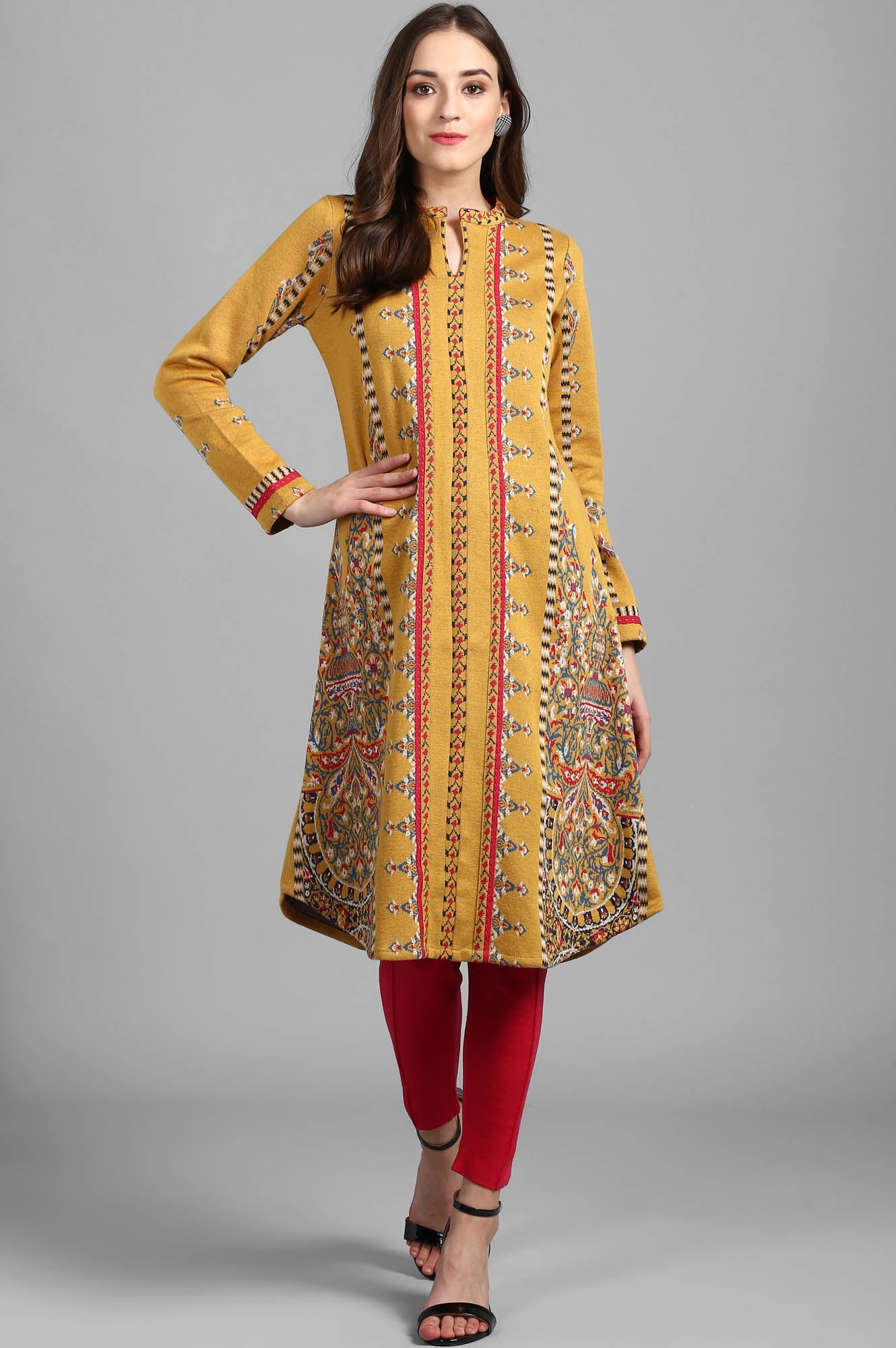 Yellow Mandarin Neck Yarn-dyed Winter kurta