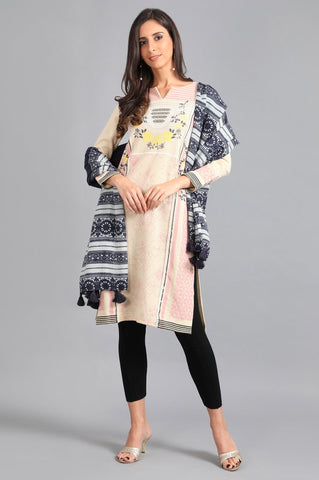 White Round Neck Printed Winter kurta