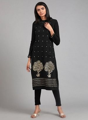 Grey Round Neck Foil Print Winter kurta