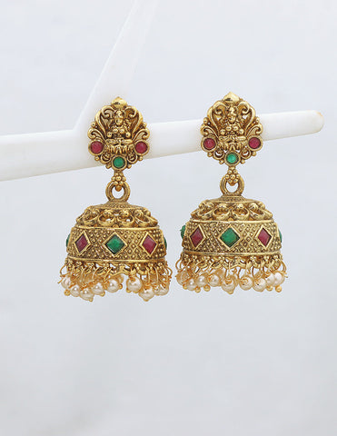 Designer Lakshmi Devi Ruby and Emerald Jhumka Earrings