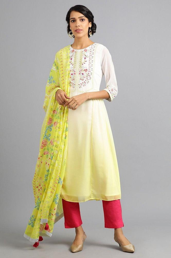 Yellow Round Neck Floral kurta