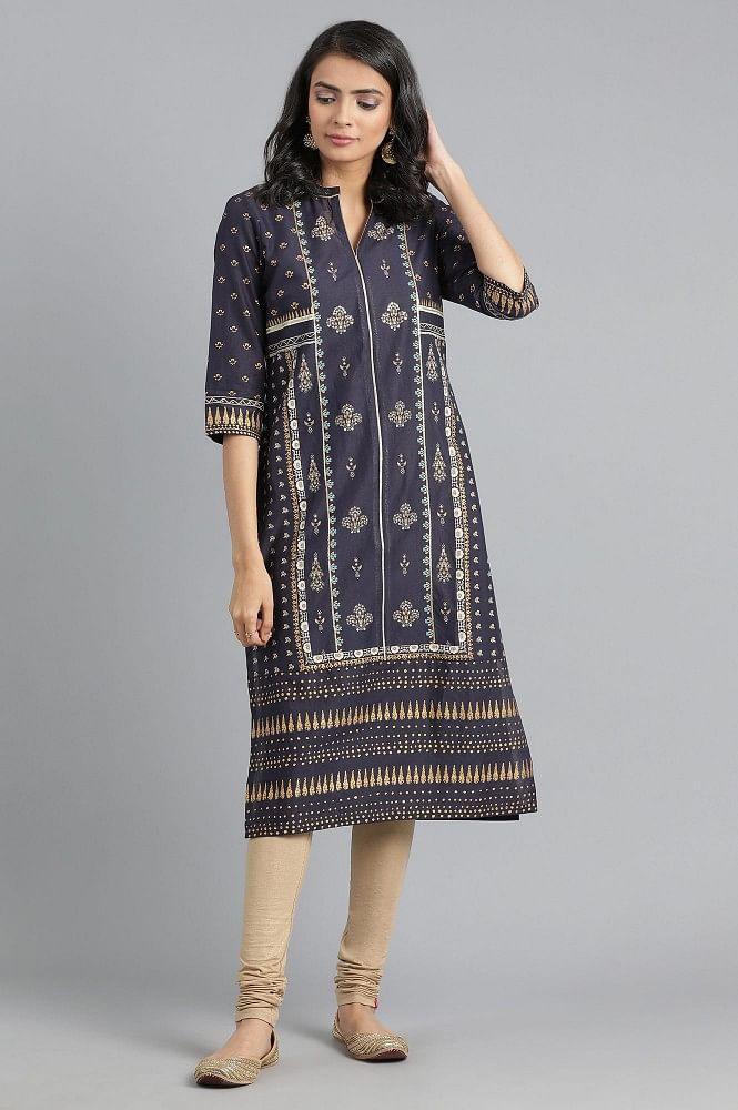 Blue Mandarin Neck Printed kurta