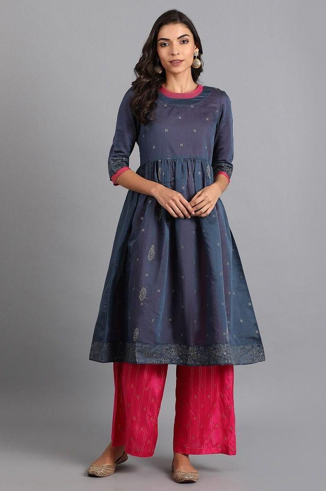 Blue Round Neck Chanderi kurta