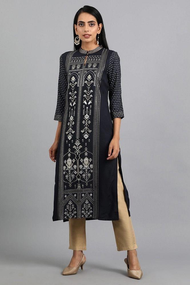 Blue Mandarin Neck Printed kurta