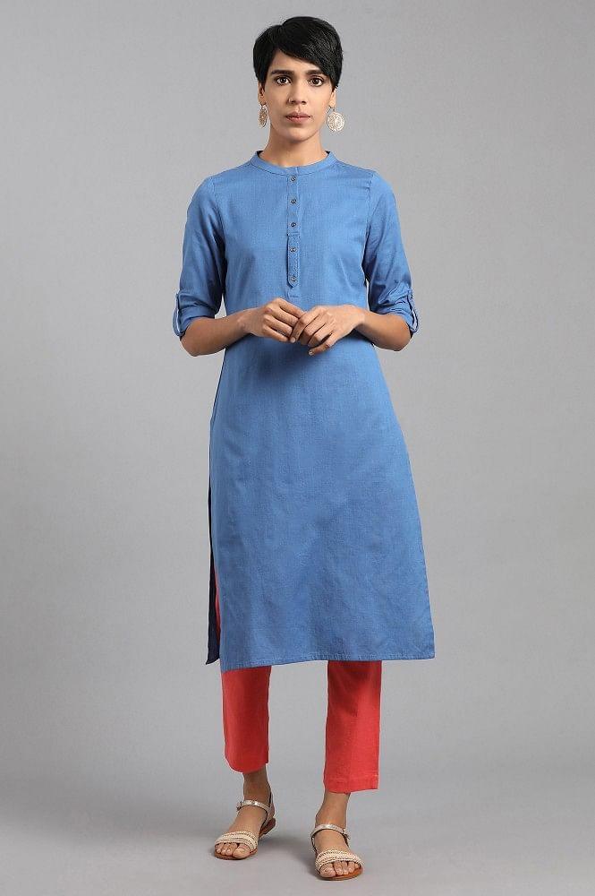 Blue Mandarin Neck Solid kurta