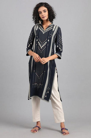 Navy Blue Mandarin Neck Printed kurta