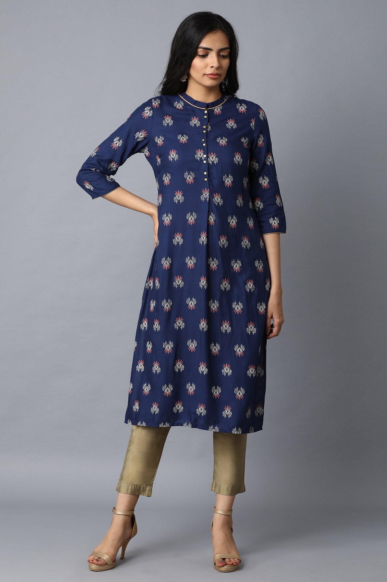 Dark Blue All-Over Floral Print kurta