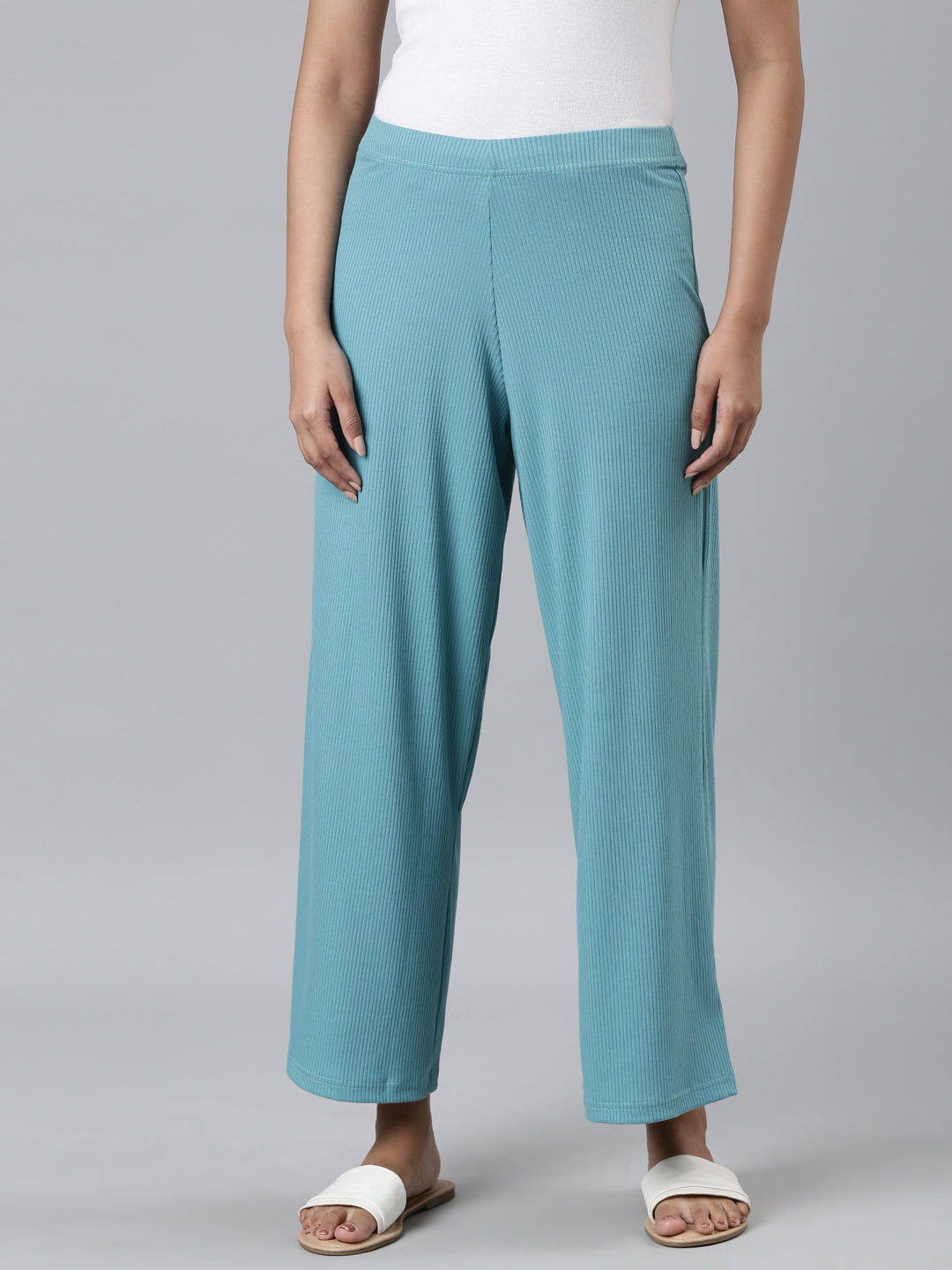 Women Solid Dark Mint Mid Rise Ribbed Palazzos