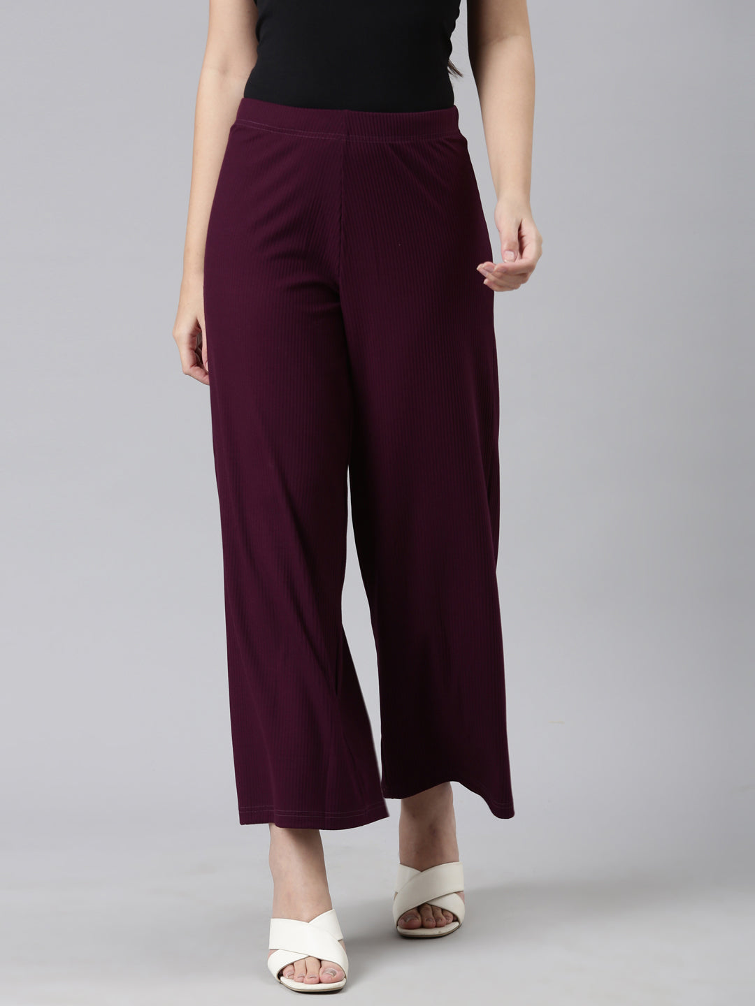 Women Solid Dark Wine Mid Rise Ribbed Palazzos