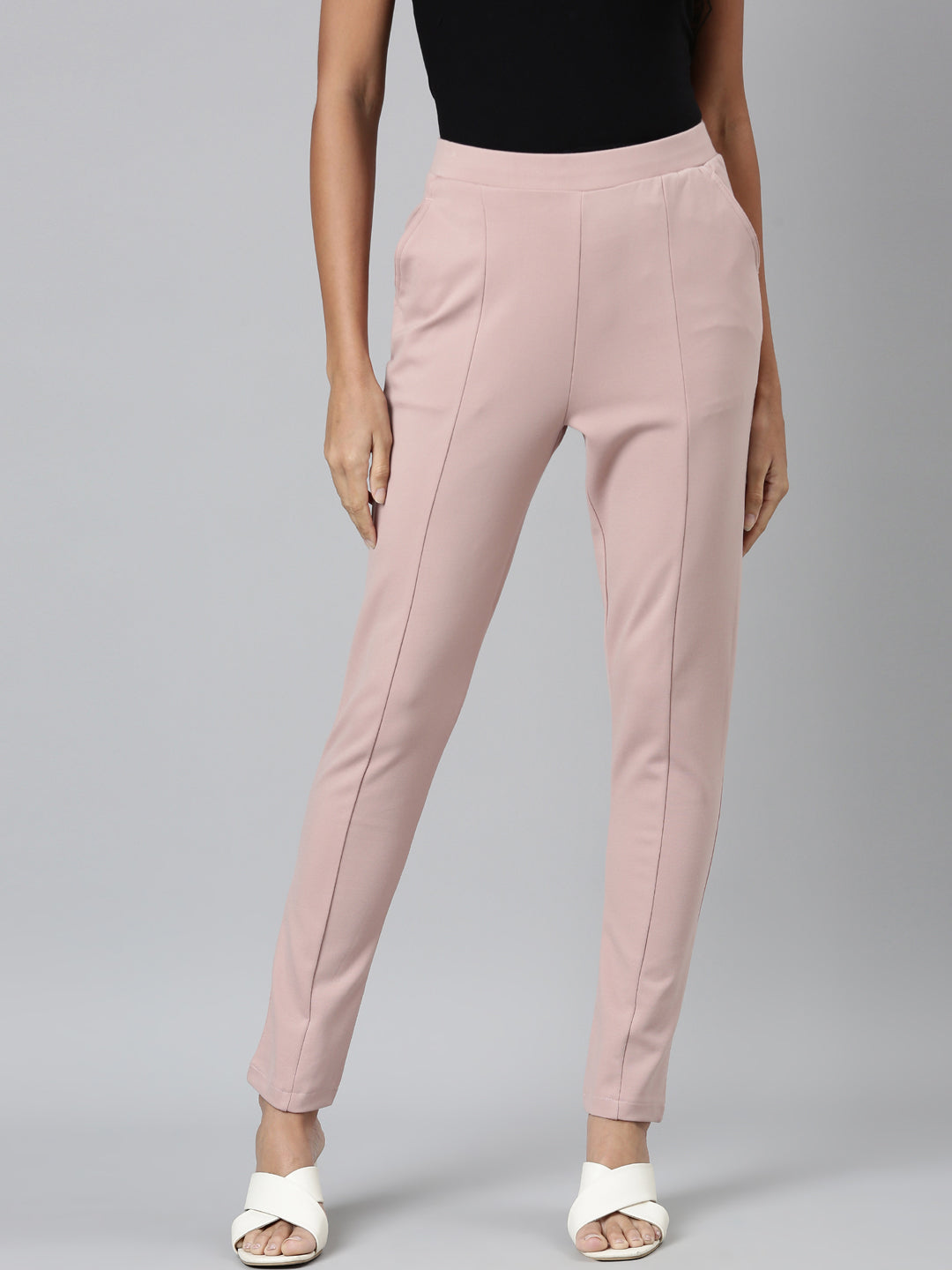 Women Solid Baby Pink Stretch Ponte Pants