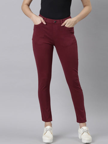 Women Solid Maroon Mid Rise Ultra Warm Jeggings