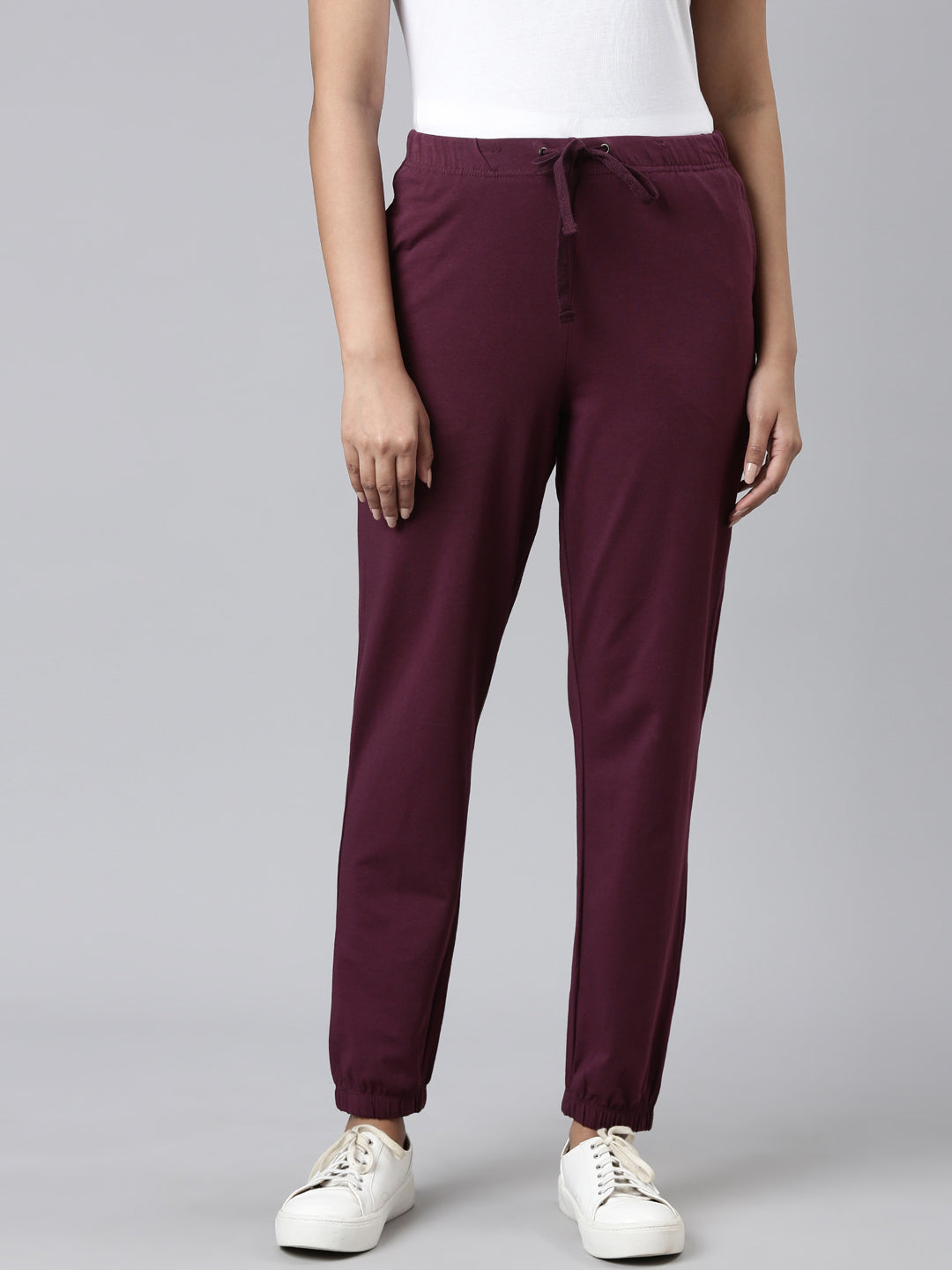 Women Solid Dark Purple Mid Rise Cotton Casual Joggers