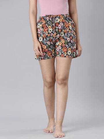 Black Cotton Knit Printed Lounge Shorts
