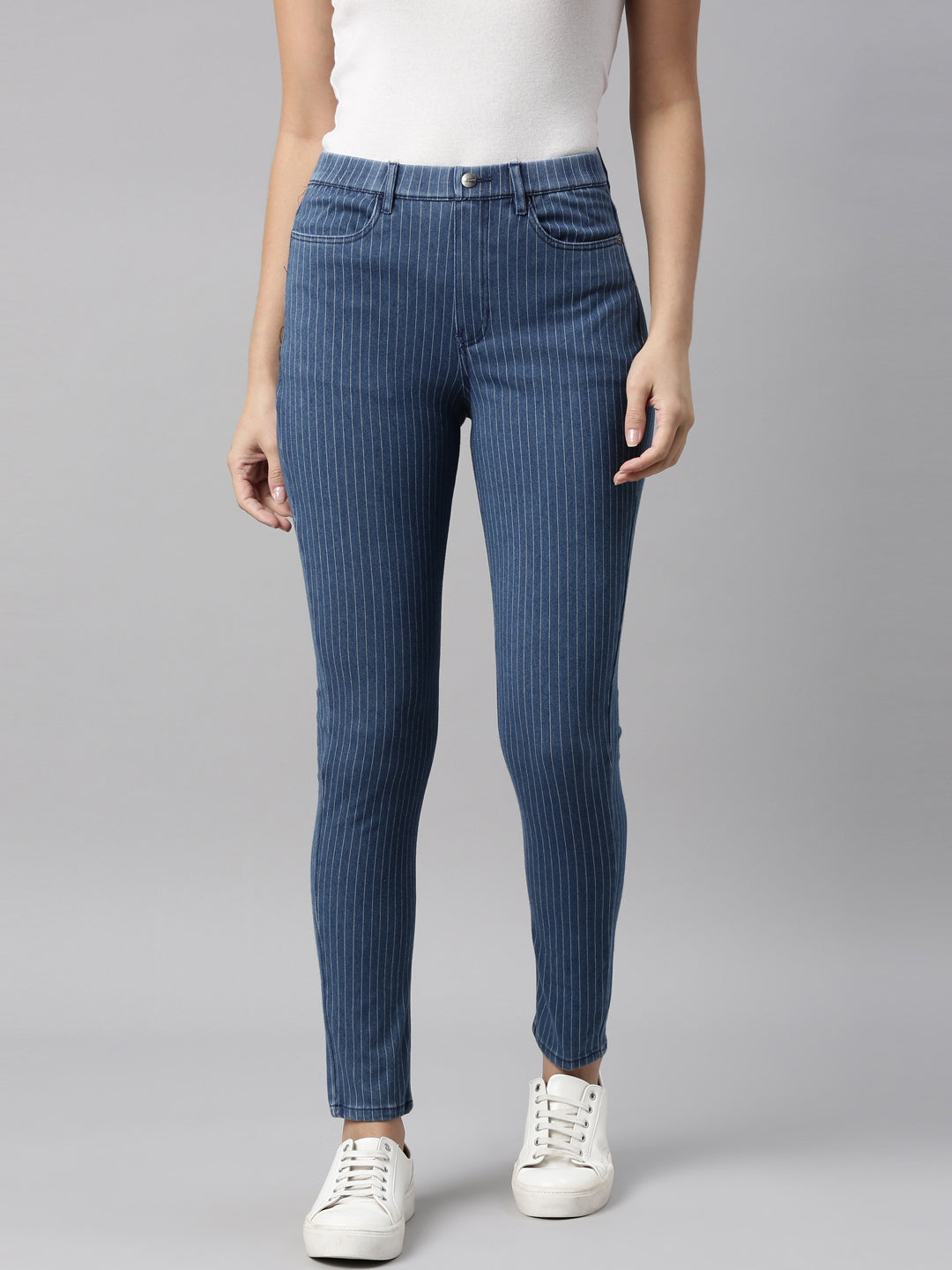 Women Dark Blue Striped Denim Jeggings