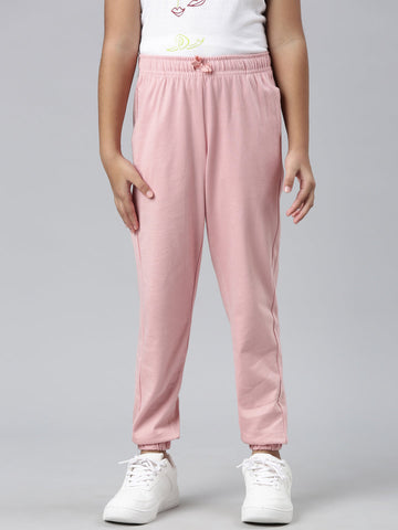 Girls Solid Baby Pink Mid Rise Cotton Joggers