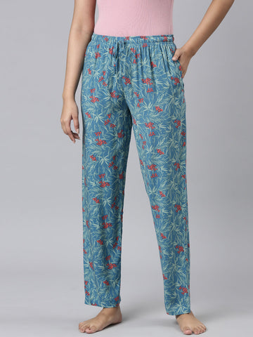 Women Printed Blue Mid Rise Woven Viscose Lounge Pants