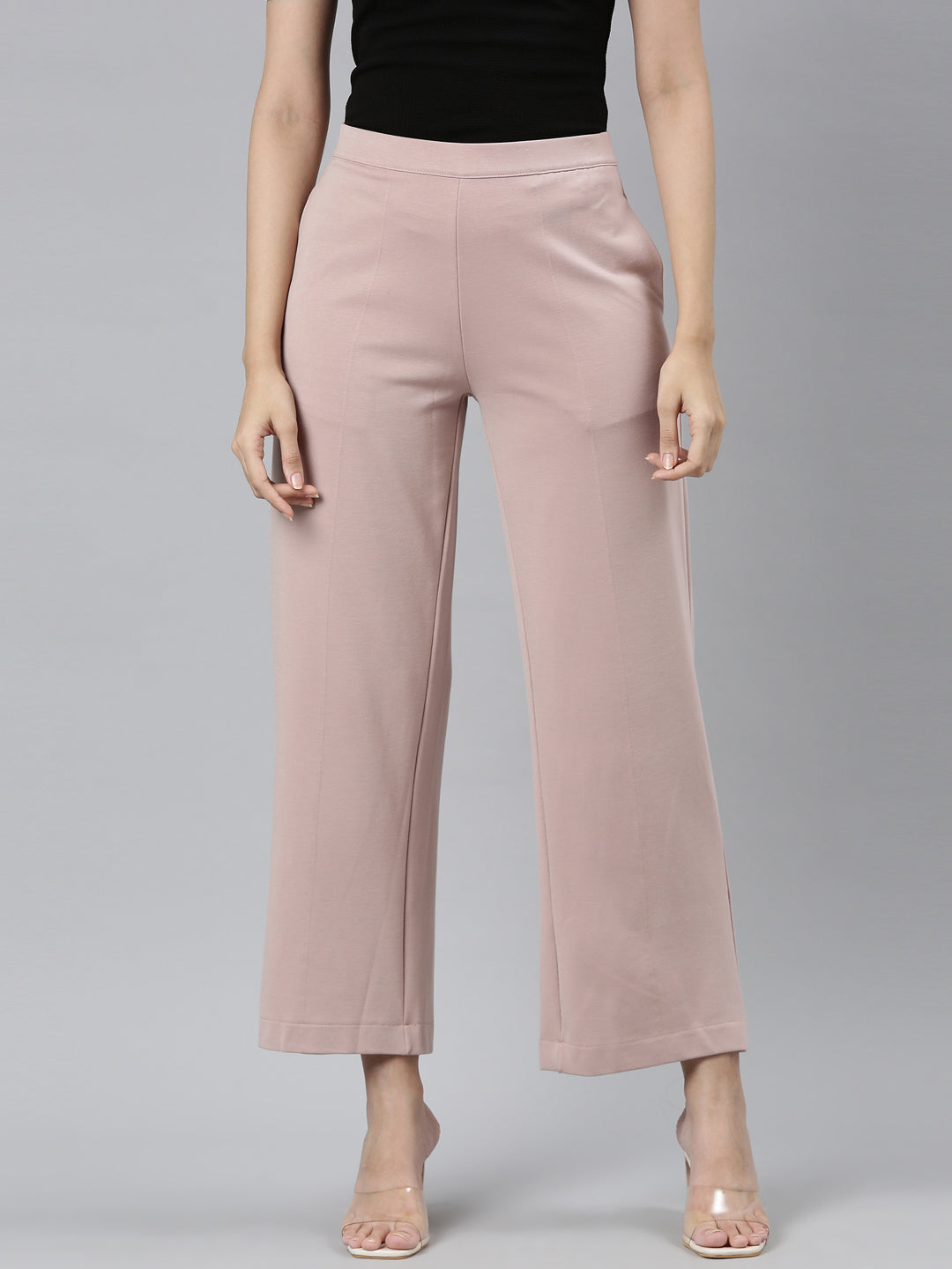 Women Solid Baby Pink Ponte Wide Leg Pants