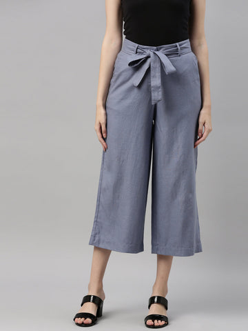 Women Solid Jeans Blue Linen Mid Rise Culottes