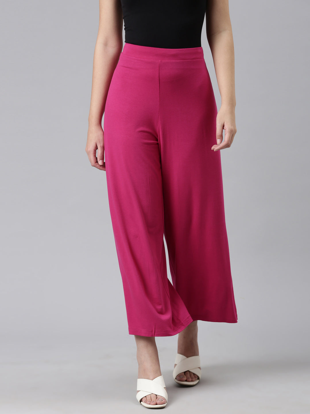 Women Solid Dark Rose Viscose Mid Rise Knit Palazzos