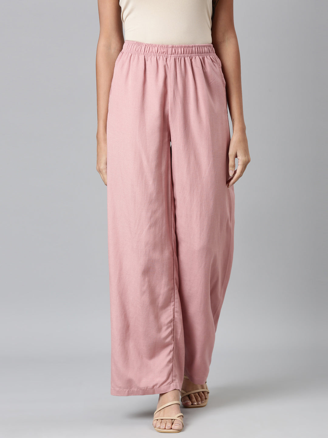 Women Baby Pink Solid Linen Palazzos