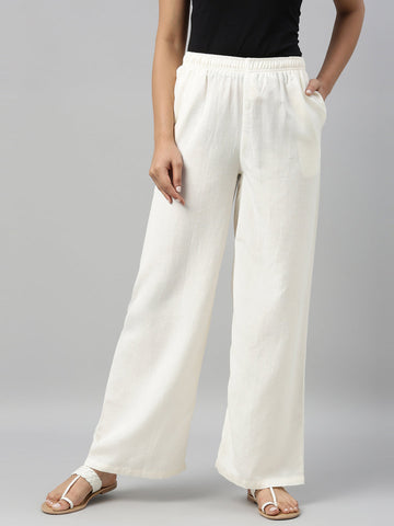 Women Cream Solid Wide Leg Pants