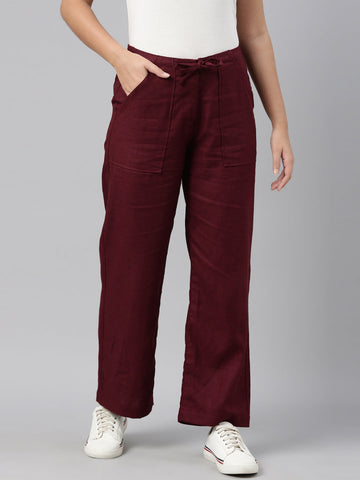 Women Solid Bright Maroon Linen Cargo Pant